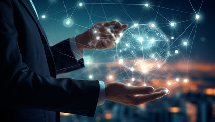 Businessman holding a technology and information graphic, AI chatbot connectivity infographic