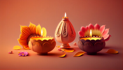 Burning diya oil lamps and flowers on a pastel background. Traditional Indian festival of light, Ai generated image