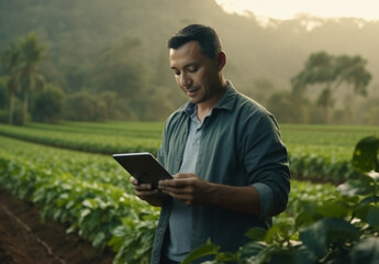 Naklejka na ściany i meble Farmer on a tablet in a field reviewing crop performance