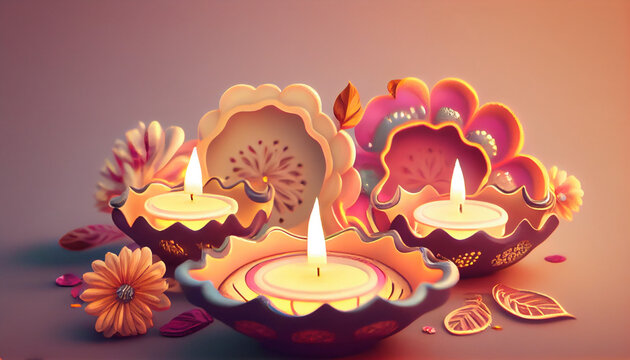 Burning diya oil lamps and flowers on a pastel background. Traditional Indian festival of light, Ai generated image