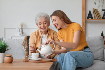 Young woman pouring tea into cup for her grandmother at home - obrazy, fototapety, plakaty