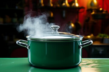 In the kitchen, a cooking pot steams against a vivid green screen