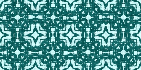 Fototapeta premium Teal green white vibrant watercolor batik azulejos tile border banner background. Seamless aqua coastal blur linen effect geometric mosaic effect.Boho Patchwork nautical masculine summer ribbon trim. 