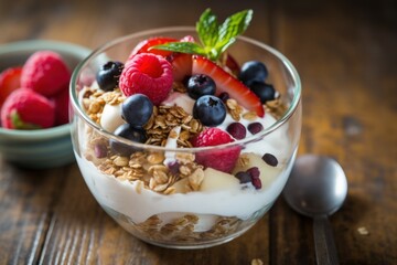 Nutritious Yogurt granola bowl. Healthy breakfast. Generate Ai