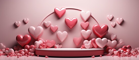 of a stage podium displaying products with heart decorations for Valentine s Day