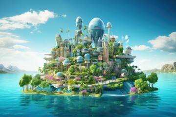 Tranquil Ecology island in ocean. Air solar sky. Generate Ai