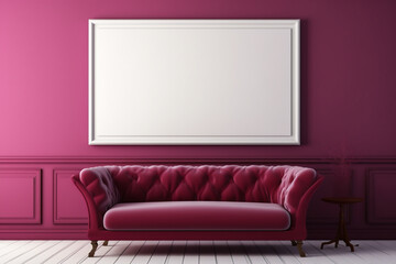  Horizontal frame mockup in red minimal design room. Photo frame mockup. Blank painting frame for product display