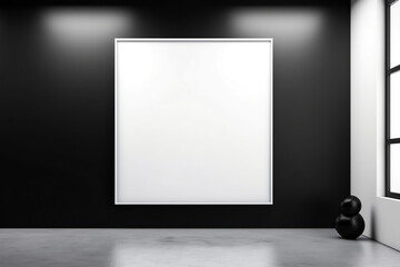 Square frame mockup in black room. Photo frame mockup. Blank painting frame for product display