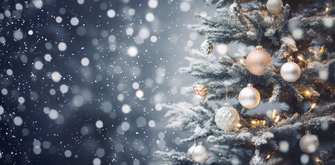 Pine tree decorated with baubles and Christmas ornaments on blurred falling snow background