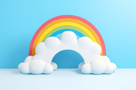 3d render of a rainbow and clouds on blue background. rainbow and clouds background copy space for text or product display podium