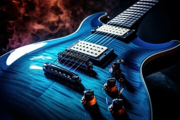 Vibrant Electric blue guitar background. Sound wood. Generate Ai