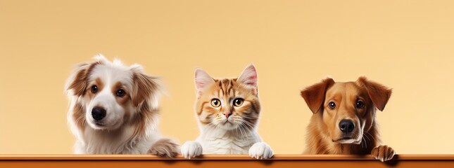 Obraz premium Cats and dogs peeking out of an white board window style, copy space for text, on orange isolated background, animals
