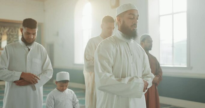 Islam, people and praying together in mosque for religion, Friday or Ramadan in holy temple. Muslim group and leader with belief or culture, Eid Mubarak and hands raised for praise to Allah