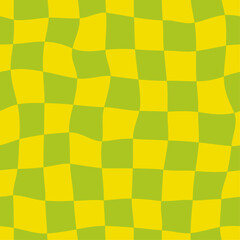 Warped check seamless pattern. Trippy, wavy checkerboard background in bright green and yellow colors. 
