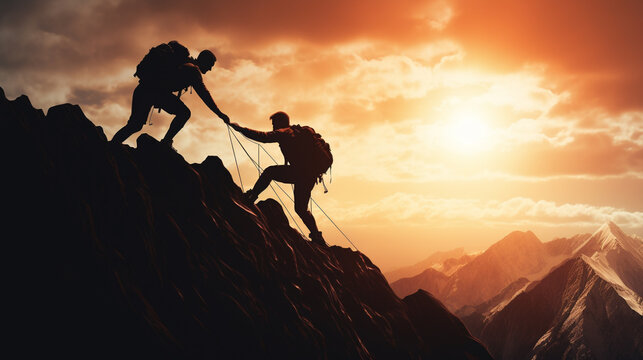 Help And Assistance Concept, Two Silhouettes Climbing A Mountain, Symbolizing Support, Teamwork, And Reaching New Heights Together. Ideal For Motivation Themes. AI Generated.