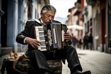Senior hispanic man sitting on an old latin american city street playing the accordion