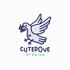 quirky cute dove cartoon outline vector logo icon illustration