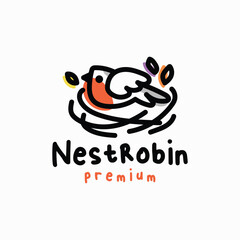 robin bird nest quirky playful outline cartoon logo vector icon illustration