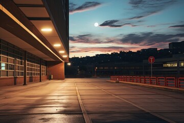 a parking lot with a building and the moon in the sky