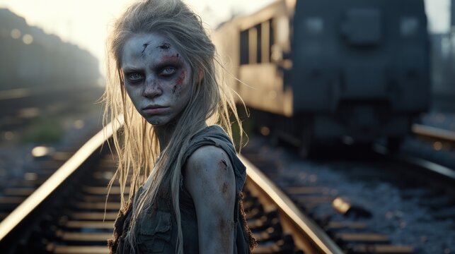 a woman with dirty face and hair standing on train tracks