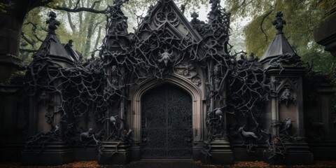 a black ornate building with trees around it