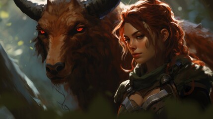 a woman with red hair next to a brown animal - Powered by Adobe
