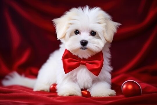 a white dog wearing a red bow tie