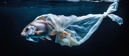 Rolgordijnen Fish navigate through a sea of plastic pollution underscoring the environmental implications © AkuAku
