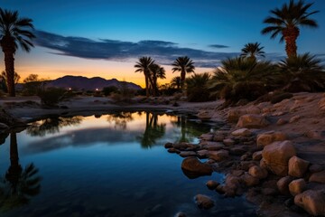 a body of water with palm trees and mountains in the background