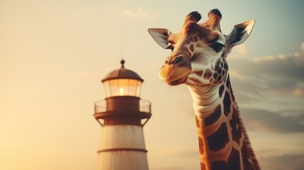 a giraffe standing in front of a lighthouse