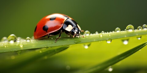 a ladybug on a leaf - obrazy, fototapety, plakaty
