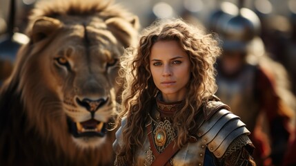 a woman in armor with a lion in the background