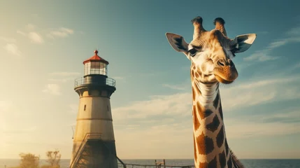 Fototapeten a giraffe standing in front of a lighthouse © sam