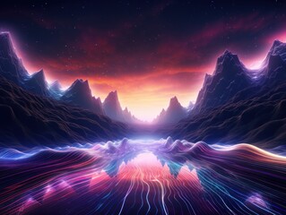 a landscape with mountains and lights