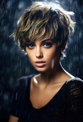 a woman with short hair in the rain