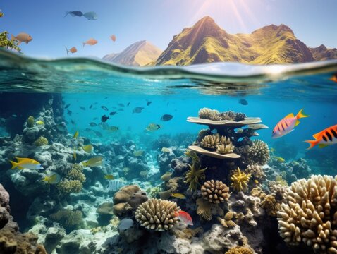 a coral reef with fish and mountains in the background