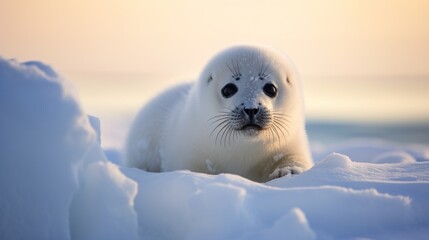 a white seal in the snow - obrazy, fototapety, plakaty