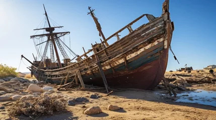 Fototapeten a shipwrecked boat on a beach © sam
