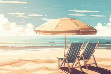 Be transported to a tropical oasis with this stunning beach scene complete with chairs and an umbrella is AI Generative.