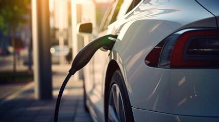 Close-up of a white electric car being charged at a charging station on a city street