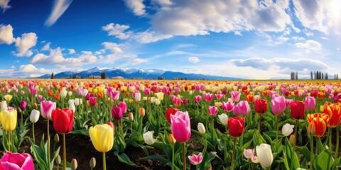 a field of tulips with mountains in the background