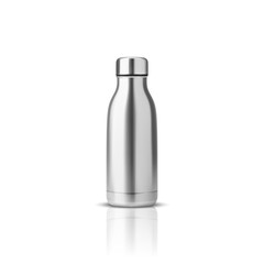 Vector Realistic 3d Steel, Silver or Chrome Blank Glossy Metal Reusable Water Bottle with Silver Bung Closeup Isolated on White Background. Design template of Packaging Mockup. Front View