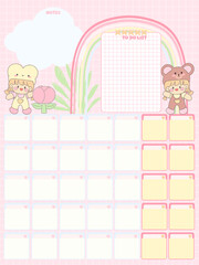 Calendar for Notes, Cute daily planer, to do on pink background, notes, reminds  For girls with clouds rainbow cartoons character kawaii baby girl