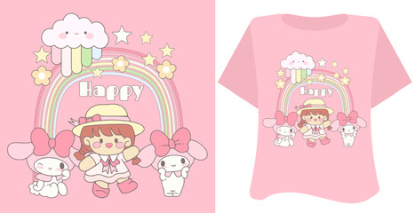 Kawaii sweet animal cute girl  on pink background for t shirt . Inspirational quote card, invitation, banner, lettering, poster. Cartoon character happy  tee preschool 