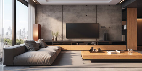 Loft interior design of modern living room, with gray sofa and TV. Minimalistic modern design