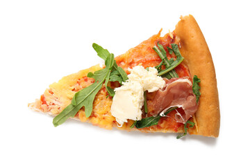 Slice of tasty pizza with Burrata cheese on white background