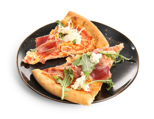Slices of tasty pizza with Burrata cheese on white background