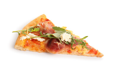 Slice of tasty pizza with Burrata cheese on white background