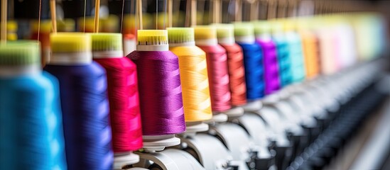 Spools of thread on embroidery machine in garment industry are vibrant and organized - obrazy, fototapety, plakaty