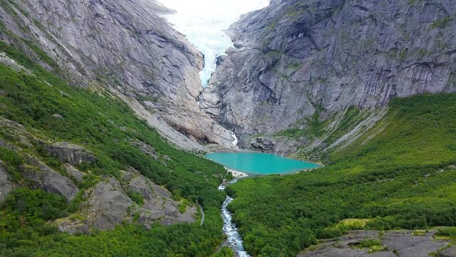 The Glacier at the beautiful Briksdalen valley. Drone 4 k flyby. 
